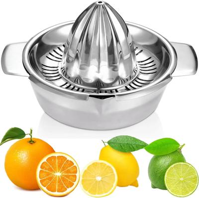Exprimidor manual de 355 ml de acero inoxidable para cítricos, limón, naranja, pomelo, robusto, con prensa rotatoria y colador.