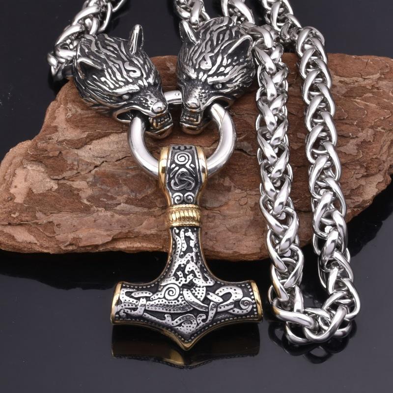 European American Viking Wolf Head Thor Hammer Pendant Necklace Men's Retro Dominance Jewelry Wholesale