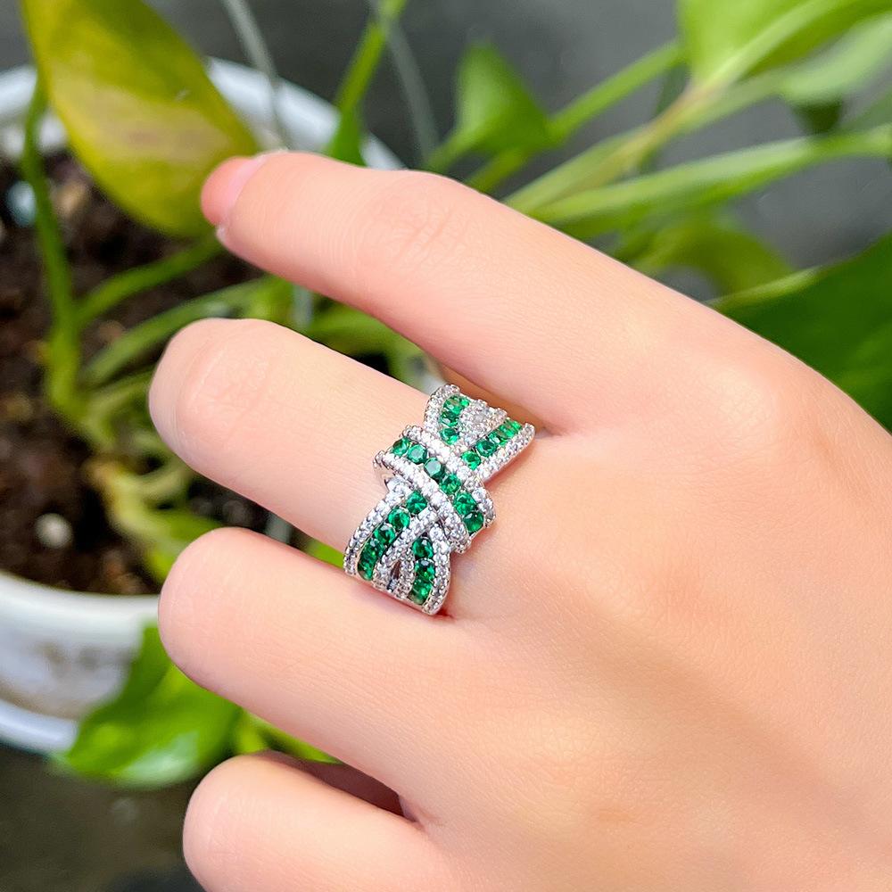 Light Luxury Bright Three-Dimensional Bow Full Diamond Opening Ring Irregular Strip Cross Zircon Ring Ring Ring