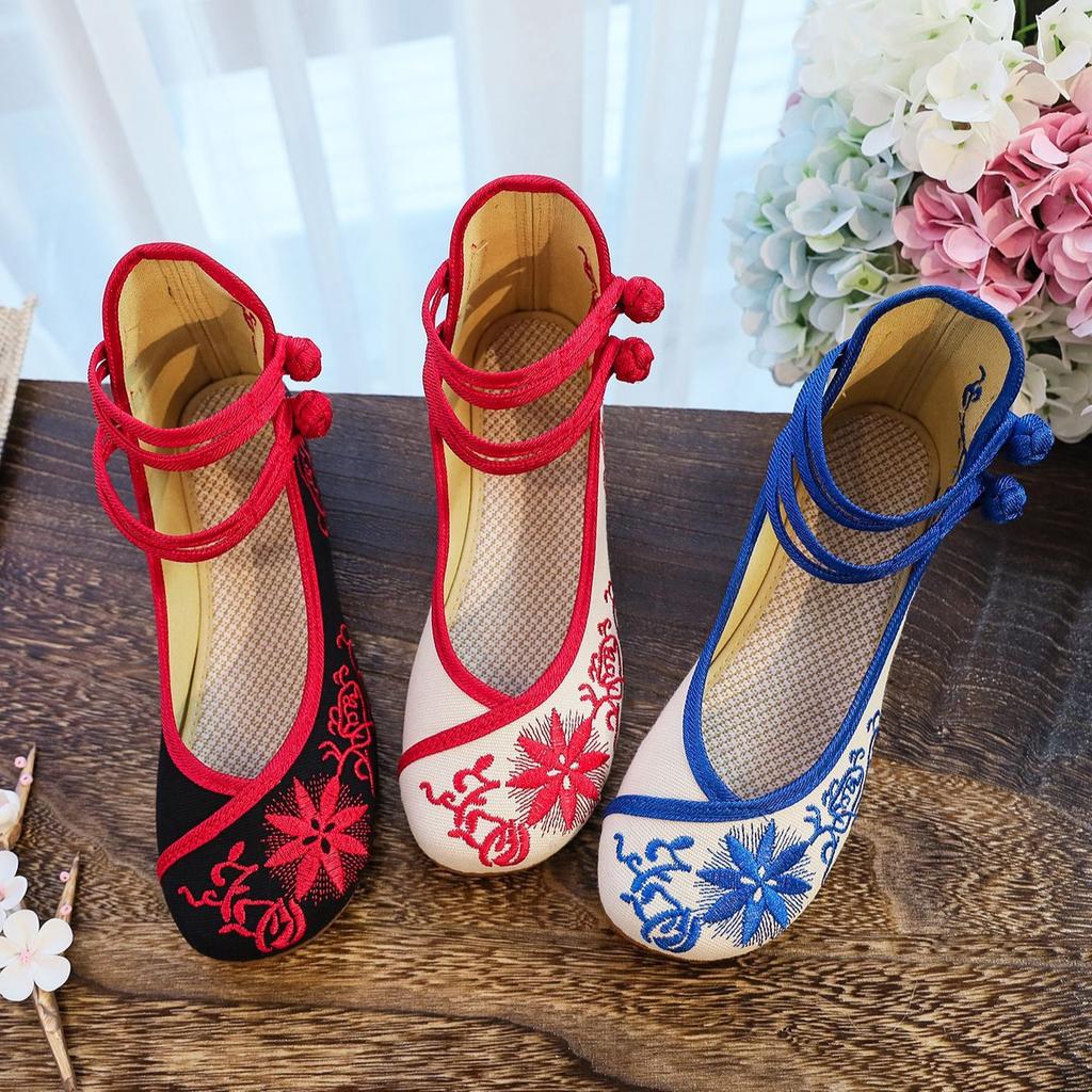 2025 Embroidered Women Canvas Ballet Flats Ankle Strap Ladies Casual Cotton Chinese Embroidery Ballerina Shoes