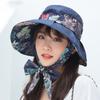 Female Summer Sun Hat Wide Brim Printing Bowknot Ribbon Foldable Soft Cap