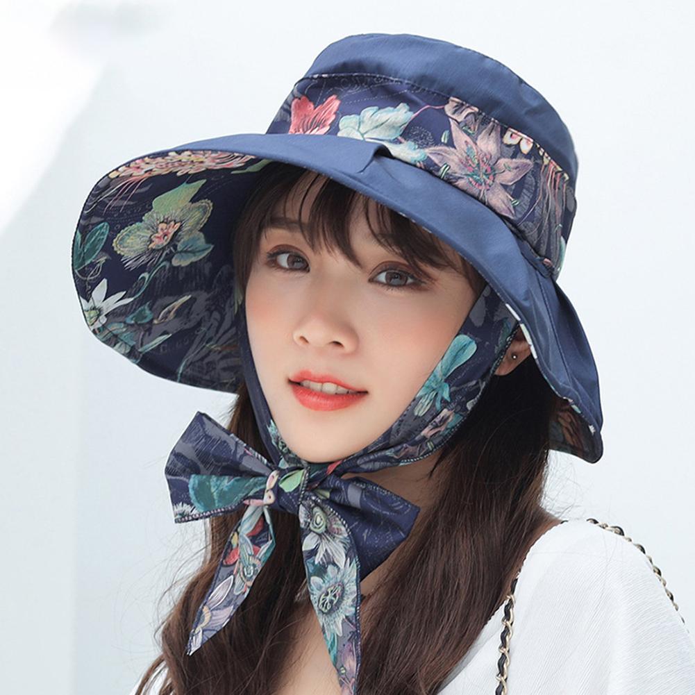 Female Summer Sun Hat Wide Brim Printing Bowknot Ribbon Foldable Soft Cap