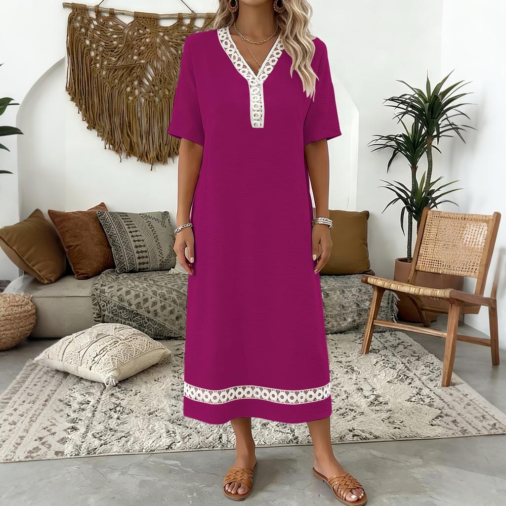Women's Elegant Lace Trim Short Sleeve Midi Dress V Neckline Lightweight Summer Casual Dress for Daily Wear