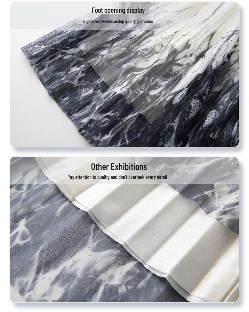 2025 New Ink Painting Midi Skirt for Women: Spring/Summer Slimming Pleated A-Line Umbrella Skirt