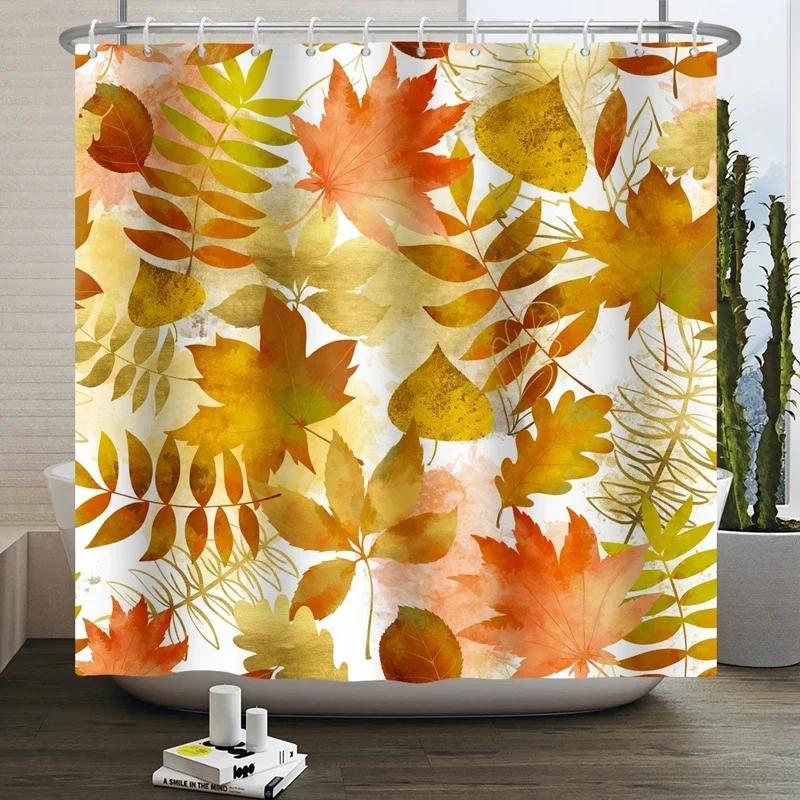 Autumn Shower Curtain, Autumn Maple Leaf Pumpkin Bathroom Decoration, Polyester Fabric Shower Curtain Hook, Room Decoration
