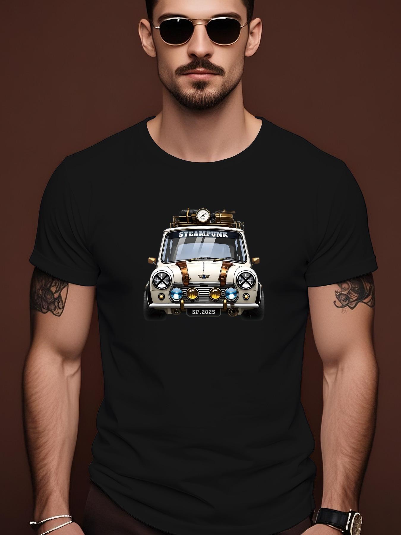 Steampunk Mini Car Graphic Tshirt - Yellow Casual Crew Ne... XXXL