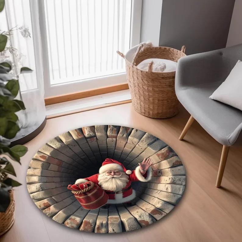 3D Christmas Round Rug – Quilted Tree Skirt with Cozy Library Design, Festive Holiday Home Decor