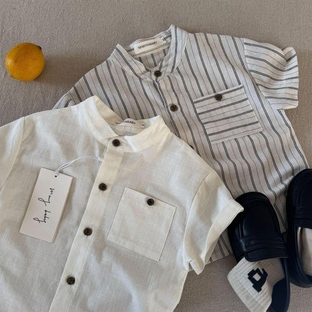 Japanese Trend Boys' Striped Summer Shirt: Stylish, Simple, Short-Sleeved Top for Kids
