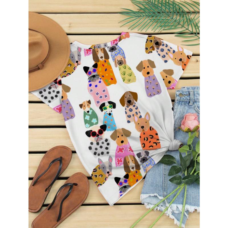 T-shirt décontracté à manches courtes et col rond pour femme avec imprimé chien cartoon