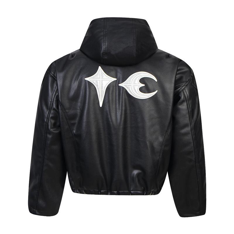 EastRogue American Retro PU Leather Star and Moon Patch Embroidery Zipper Jacket