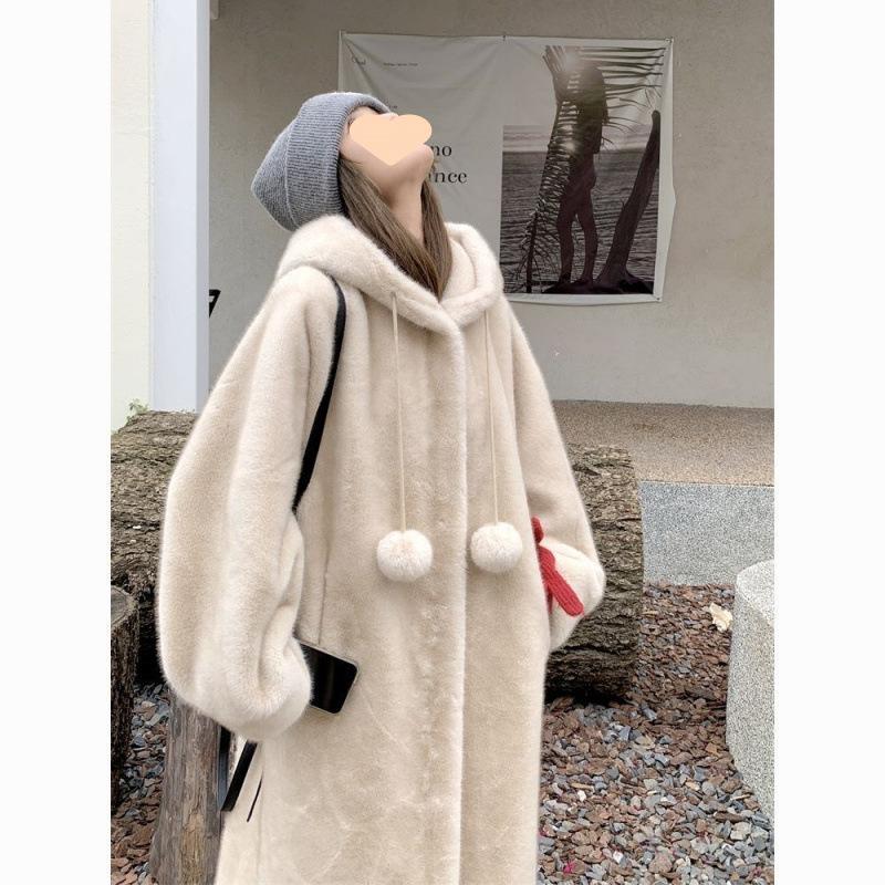 Imitation Mink Fur Hooded Jacket Women Thickened Coat Winter Plush Soft Loose Long Eco-friendly Coat Female Clothes