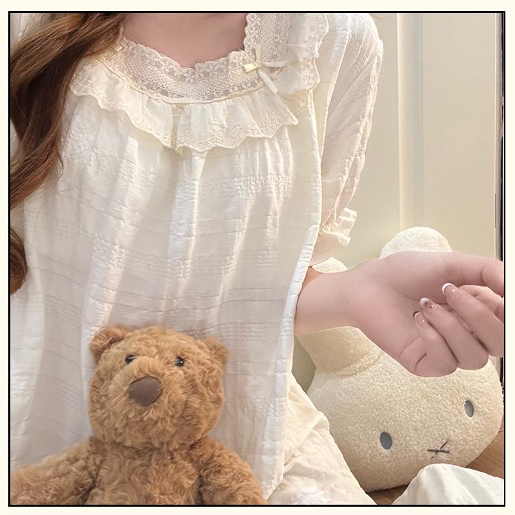 Women's Summer 2026 Cloud Cotton Nightgown with Bra Pads, Lace Trim, Short Sleeves, Long Length