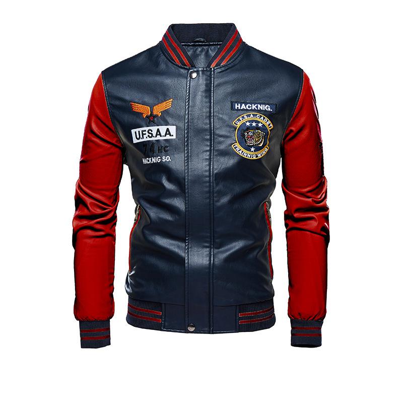Spring and Autumn Embroidered Motorcycle Leather Jacket for Men, Autumn and Winter Green Zipper Baseball Collar, Men's Leather Jacket Tough Guy Clip