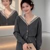 La Chapelle Korean Style Navy Collar Knit Sweater Set