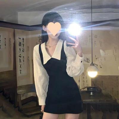 College Stijl Lange Mouwen Kraagjurk voor Dames Herfst Design met een Ingesnoerde Taille en Slankmakend Effect Splicing Fake Tweedelig Heupomsluitende Rok