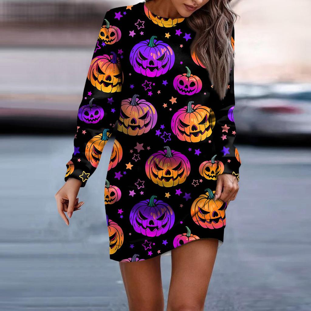 Women's Round Neck Halloween Long Sleeve Hip Dress Sweater Dress