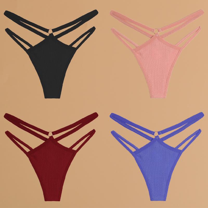 FINETOO 4-teilige Unterwäsche aus Baumwolle mit doppeltem, dünnem Gürtel für Frauen, sexy, niedrige Taille, gestreifte Tangas, einfarbige Damenhöschen, atmungsaktive Dessous