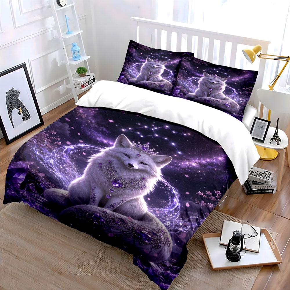 Ethereal Fox with Amethyst Crystals Bedding Duvet Cover Set (1*Duvet Cover 2*Pillowcases, Without Duvet Insert)