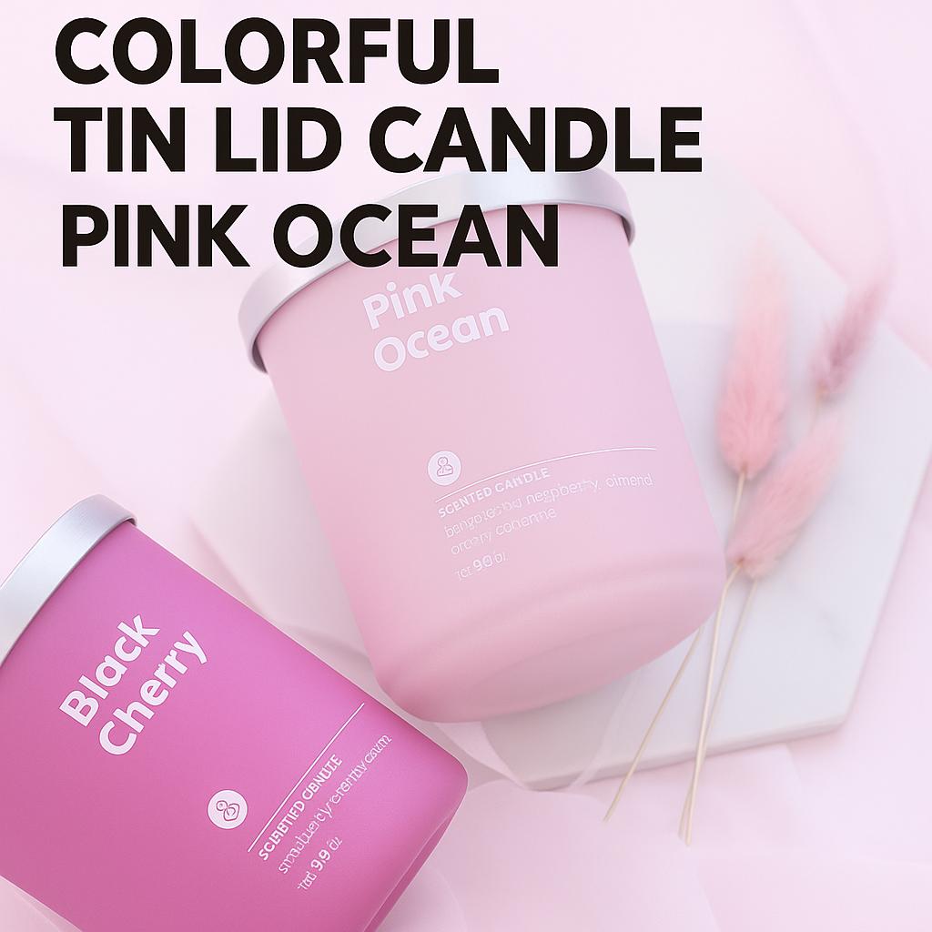 470g "Pink Ocean" Scented Candle – Large Colored Glass Jar with Steel Lid for Sweet Marine Ambiance
