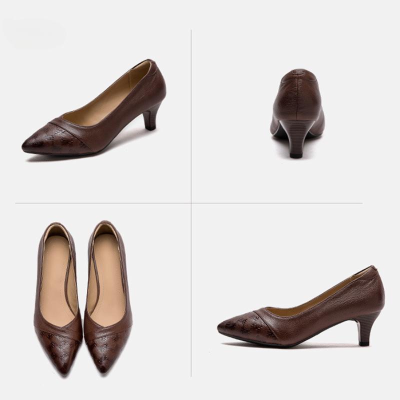 Johnature Pantofi cu toc cu varf ascutit Pantofi de dama de moda din piele naturala