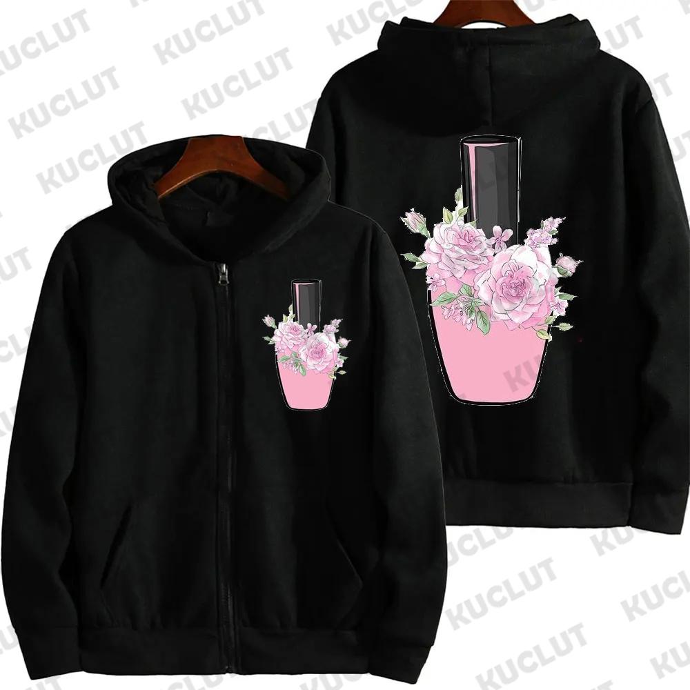 Nail Polish Print Zip Up Hoodies Female Makeup Beauty Aesthetic Graphic Zip Jackets Coat Cosmetics Fleece Zipper Sweatshirts