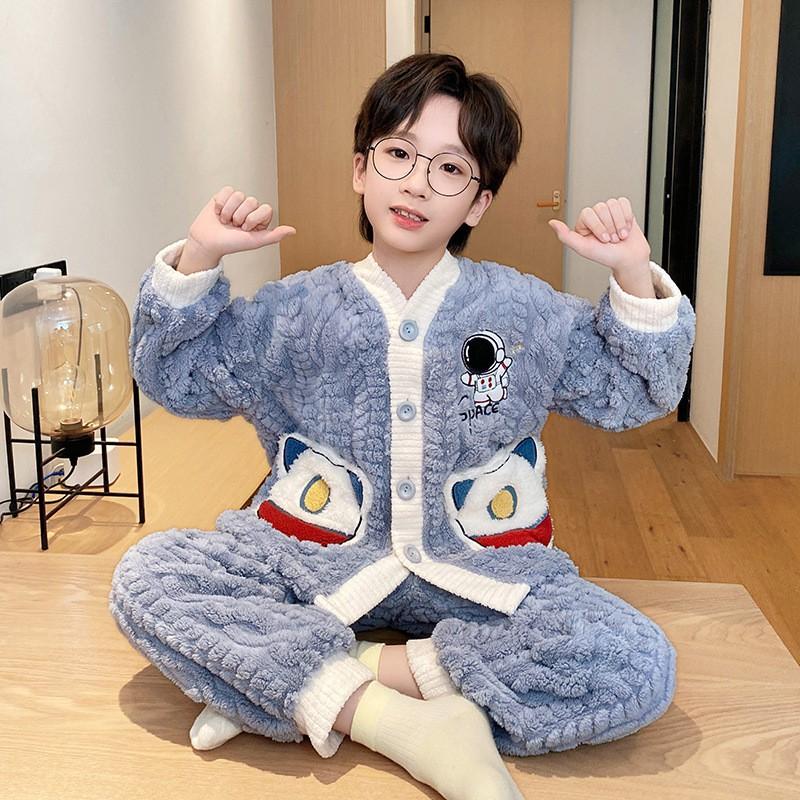 Boys Warm Coral Fleece Pajamas Set Thick Winter Sleepwear Kids Teens Comfortable Home Wear