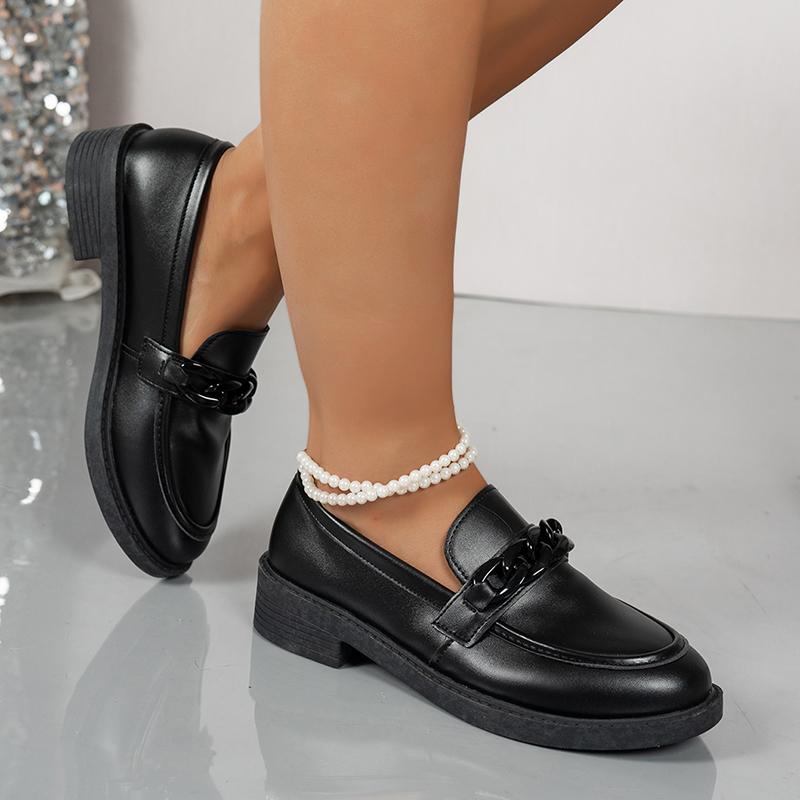 Fashion Chain Decor Patent Leather Women's Loafers Comfortable Slip On Med Heel Student Shoes Woman Plus Size Point Toe Oxford Shoes 42