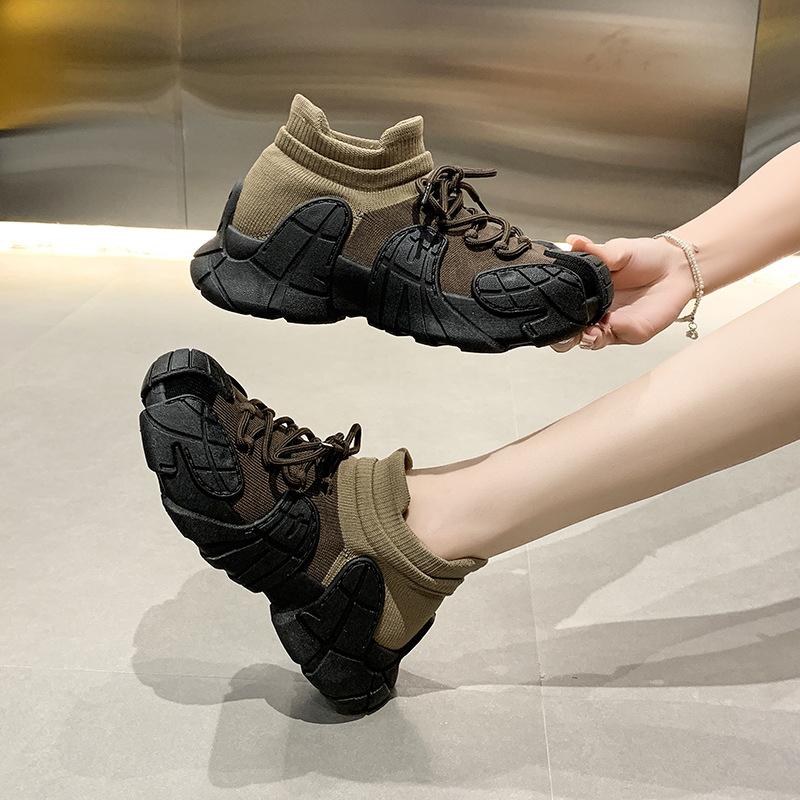 Elastic socks shoes women's 2025 new spring and autumn thick-soled fly-woven sports shoes lightweight running casual dad shoes