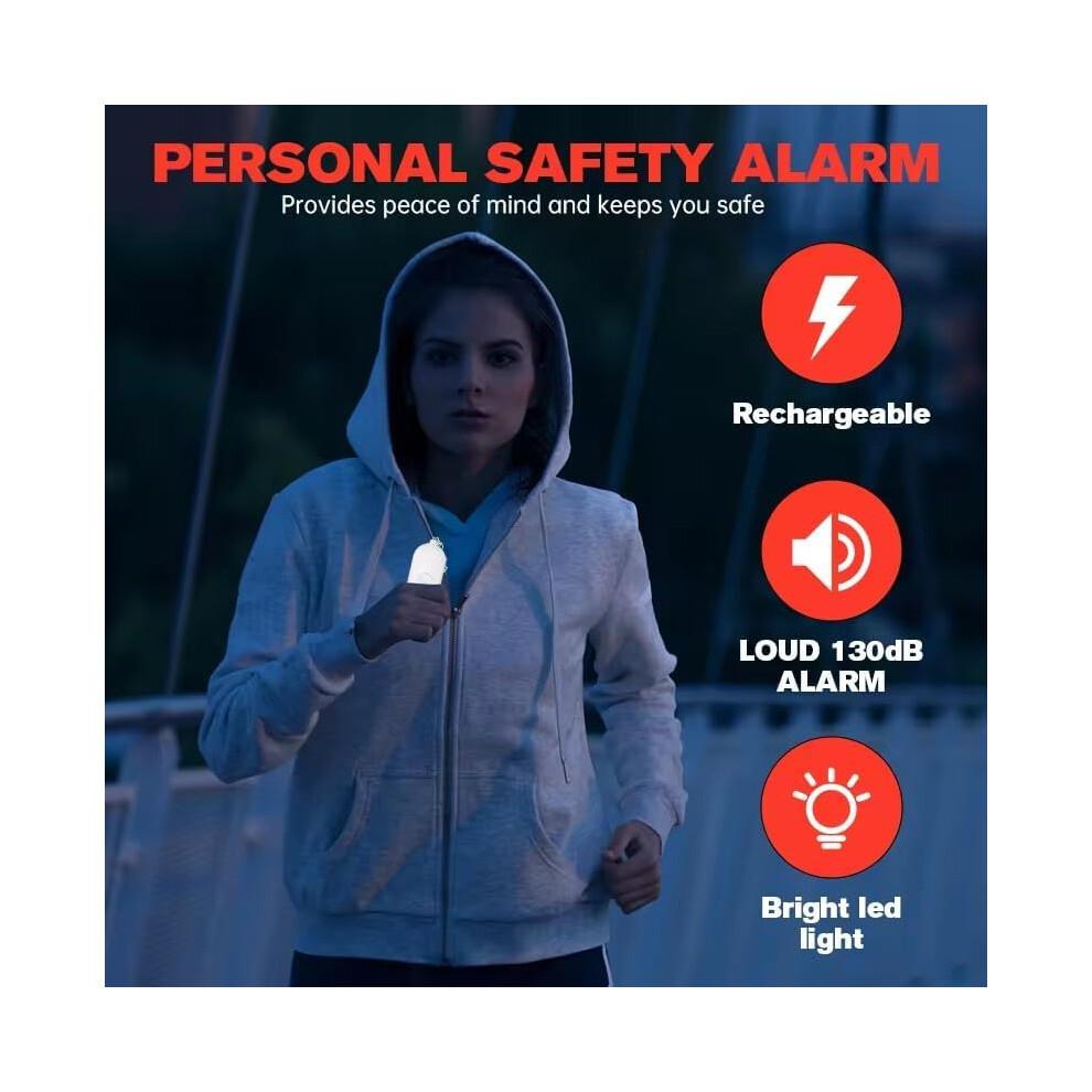 130dB Rechargeable  Safety Alarm Keychain with LED Light for Women Kids Elderly, 2 Pack White Pink