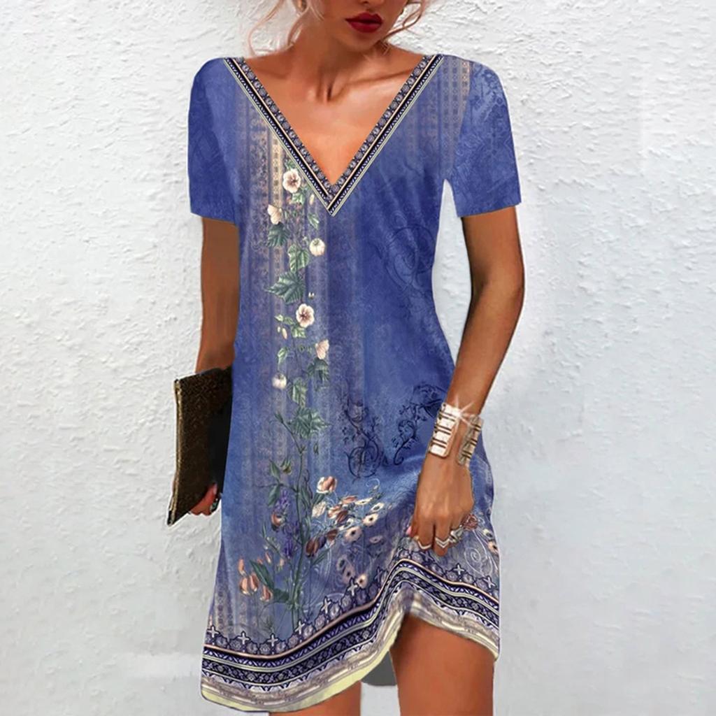 Women's Button Decoration V Neck Dress Ladies Patchwork Dress Floral Print Short Sleeve Long Dress