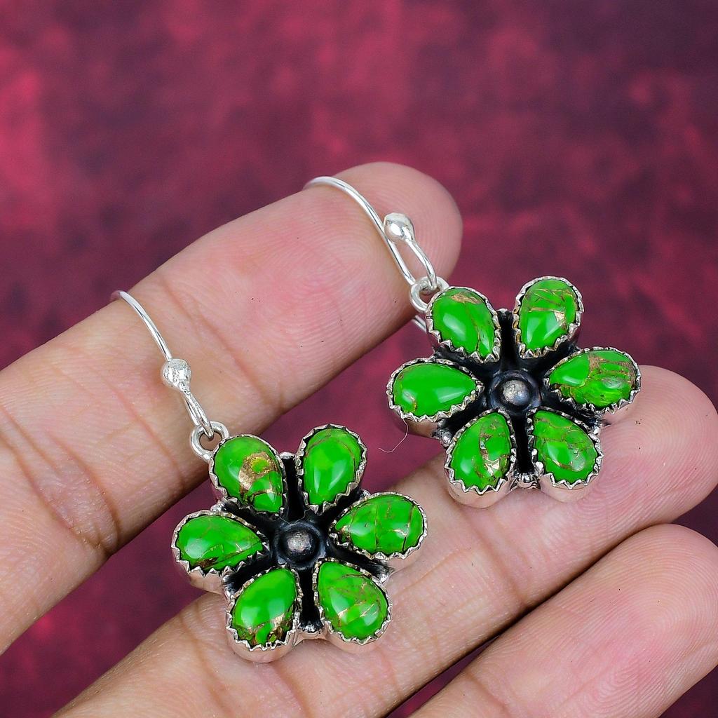 Green Copper Turquoise Handmade Gemstone Earrings, 925 Solid Sterling Silver Earrings Birthstone Jewelry, Love Forever Gift