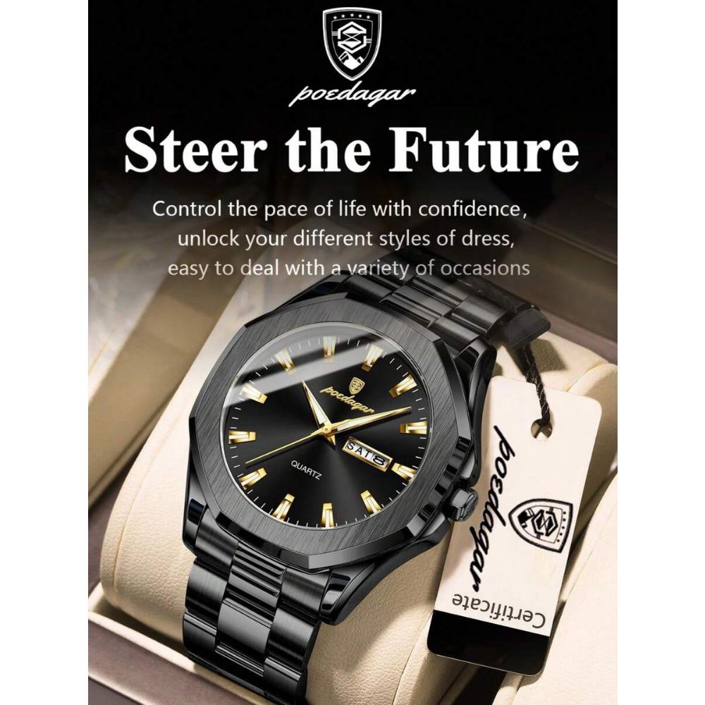 POEDAGAR 1pc Casual Men's Stainless Steel Quartz Wristwatch, Dual Date Display, Business Waterproof Luminous Wristwatch, Men's Gift