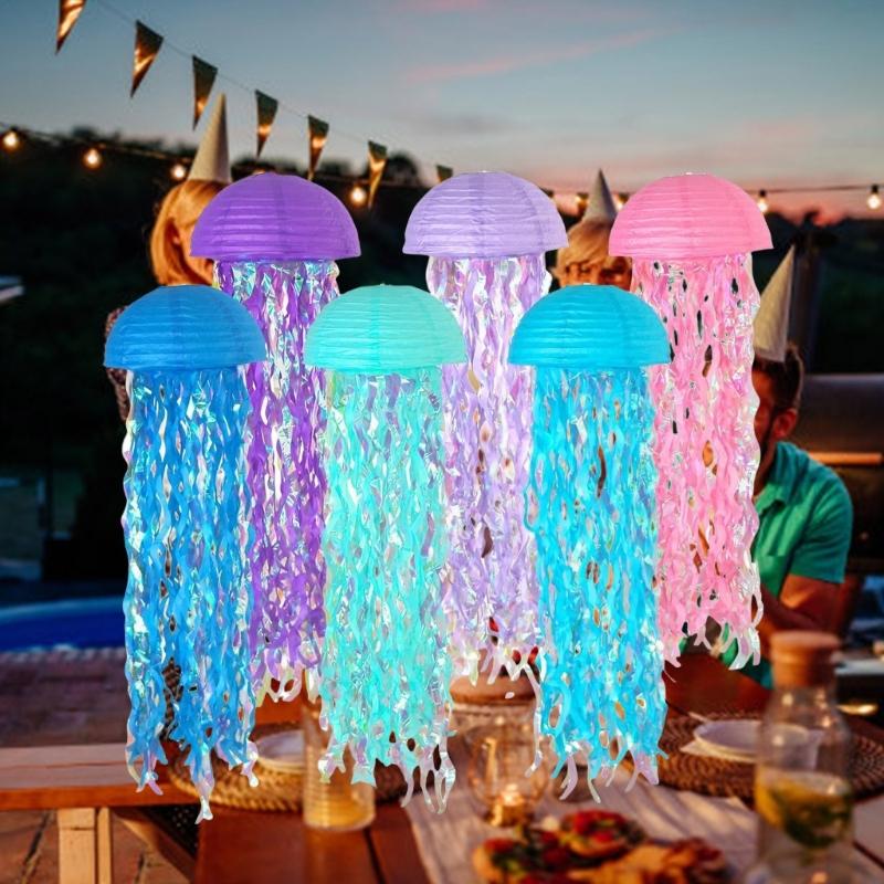 Set of 6 Ocean Theme Jellyfish Paper Hangings Colorful Hanging Decoration for Birthday Parties and Baby Showers