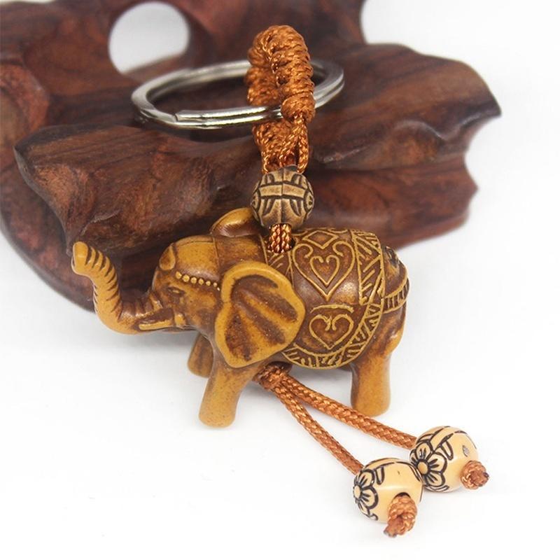 6pcs/4pcs 3D Elephant Lucky Carving Wooden Pendant Keychain Key Ring Chain Evil Defends Decor Gift