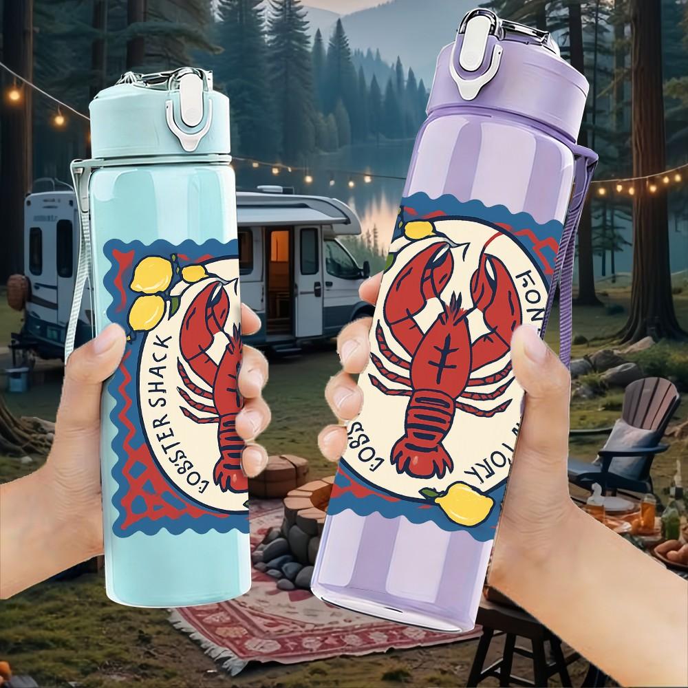 1PC Vintage Lobster Stamp Art 750ml Color Plastic Sports Water Bottle Leakproof Flip Straw Lid Suitable for Sports Office Home Use