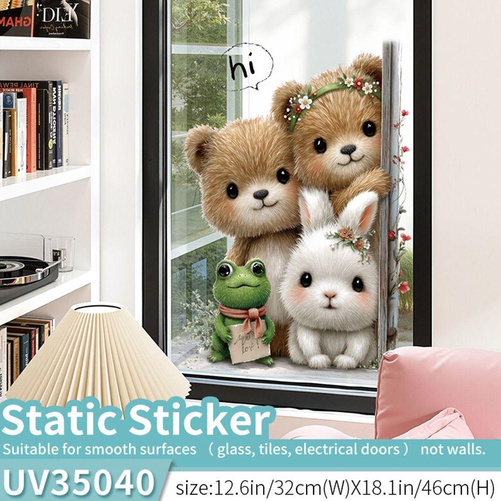 Cartoon Animal Decorative Sticker Bear Rabbit Frog Electrostatic Decals Static Stickers Glass Door