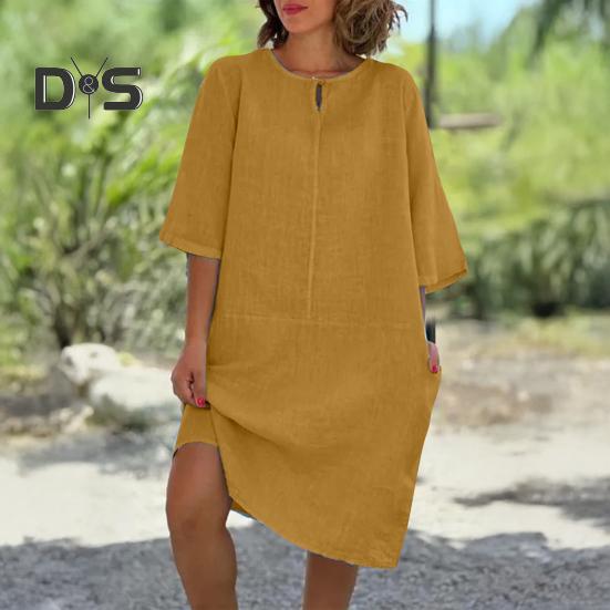 Lockeres Hemdkleid aus Baumwollleinen für Damen, lässiges Midikleid mit 1/2-Ärmeln und Rundhalsausschnitt, Sommerurlaub, Strand, Sommerkleid