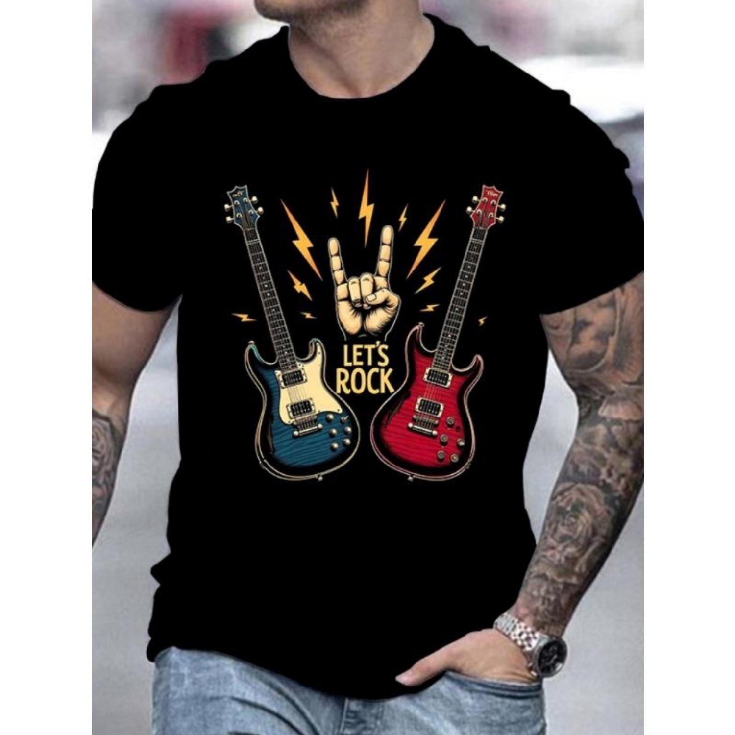 

2025 Summer Hot Sale Rock Guitar Printed Pattern Cotton T-Shirt - Creative Men s Wide Casual Crew Neck Short Sleeve Top S