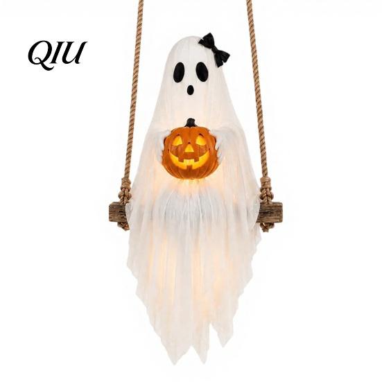 Halloween Gathering Decorations Lighted Ghost Swing with Glowing Pumpkin, Hanging Spooky Decor Durable Reusable Festival Props for Porch Yard,