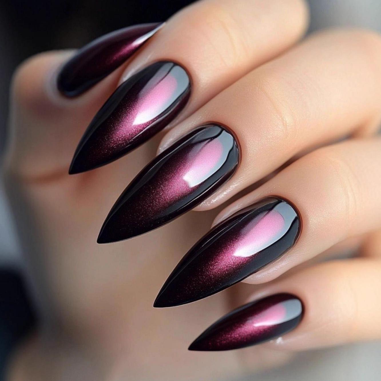 Almond Purple Cat Eye Wearable Fake Nails – Fashionable Brightening Finish, 24-Piece Set.