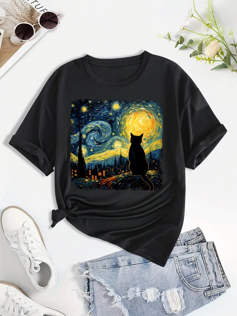 Women's Van Gogh Starry Night Cat Art Print T-Shirt - Black Short Sleeve Crew Neck Casual Top Cat Tshirt Summer Fashion