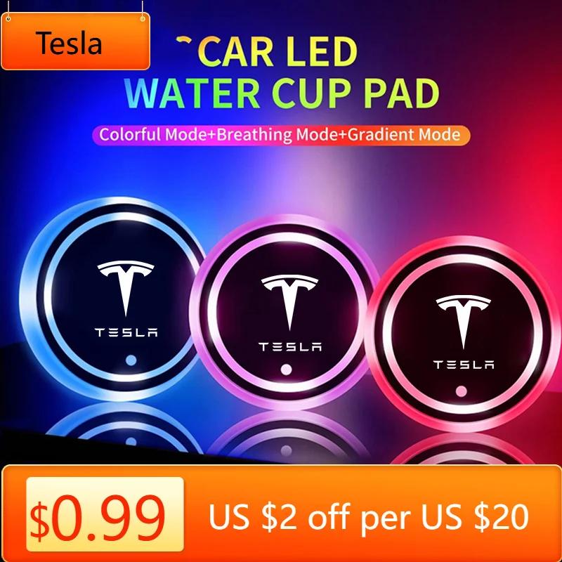 מדבקת רכב טסלה תאורת LED נטענת USB לרכב 7 צבעים משתנים תחתיות לכוסות מים עבור טסלה דגם 3 דגם S דגם