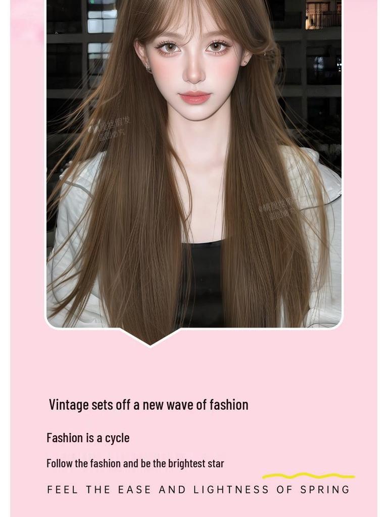 Long Straight Black Wig Set: Natural Hair, Full Head, Fashionable & Age-Reducing.