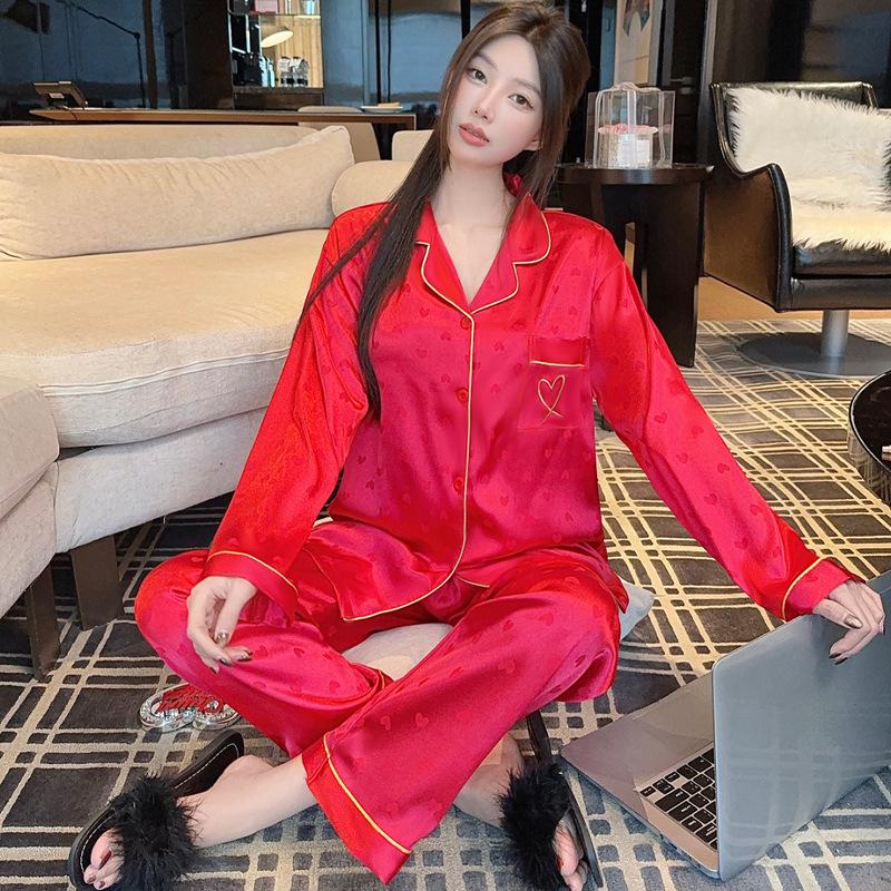 Elegant French Jacquard Ice Silk Pajamas for Women, Long Sleeve & Pants, Spring/Autumn Thin Style, Ins-Inspired Home Wear (2026 Collection)