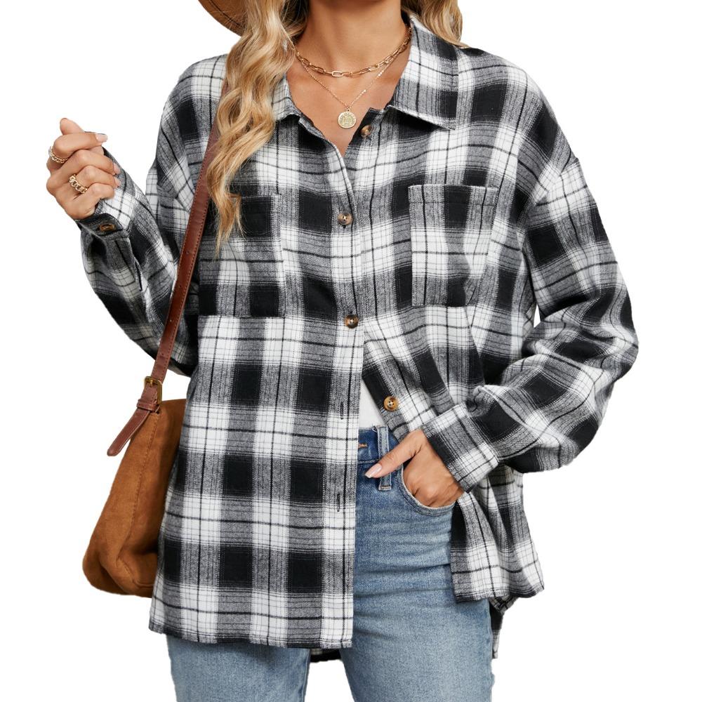 2025 Autumn and Winter New Style Lapel Long Sleeve Pocket Button Plaid Shirt Top for Women
