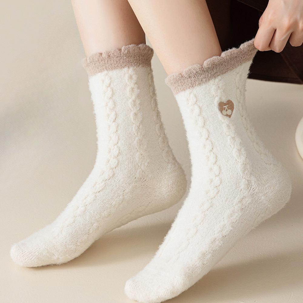 Lace Embroidered Heart-shaped Cherry Mid-calf Socks for Warm Autumn and Winter, Thickened Postpartum Socks, Dui Dui Socks
