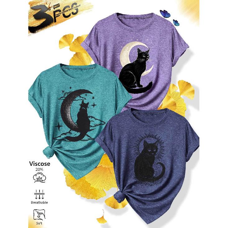 3Matching outfits for sisters  family gatherings Starry Black Cat Mysterious Theme Print Casual Round Neck Fresh Casual Versatile Soft Knit Fabric 1XL