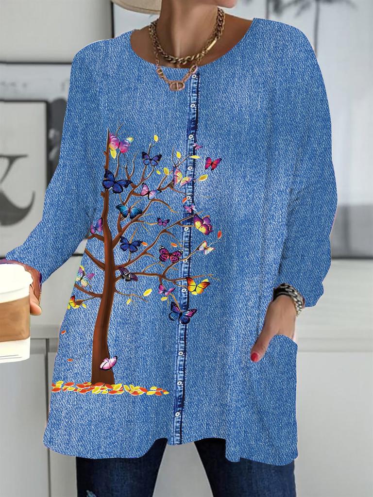 2025 Autumn Winter New Plus Size Women's Tops, Cowboy Pattern 3D Print Fashion Crew Neck Long Sleeve T-Shirts