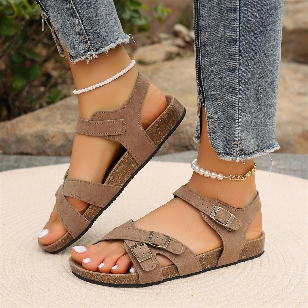 Women's Plus Size Casual Sandals Cross Strap Adjustable Buckle Footbed Comfort Summer Shoes Flat Sole Lightweight Slip On