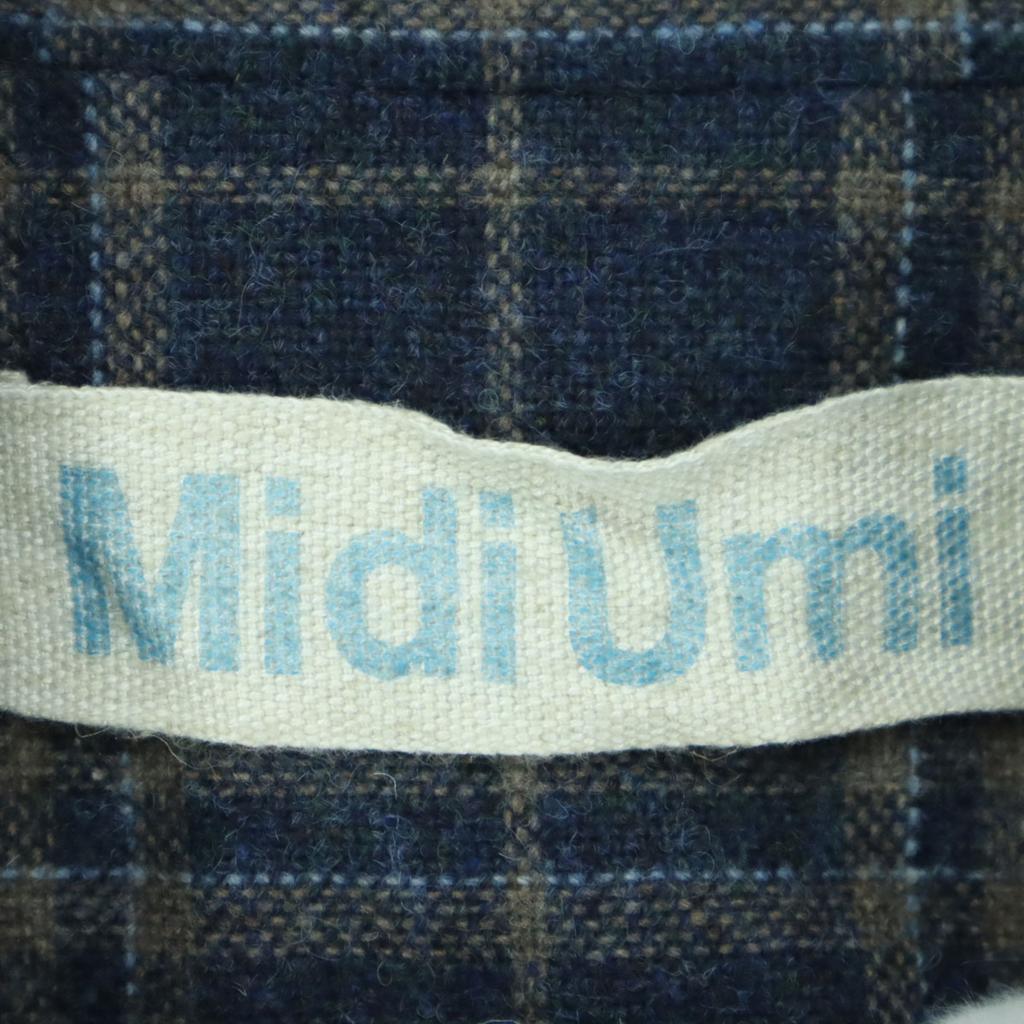 MidiUmi Wool Blend Check Pattern Long Sleeve Long Coat Navy Women Used